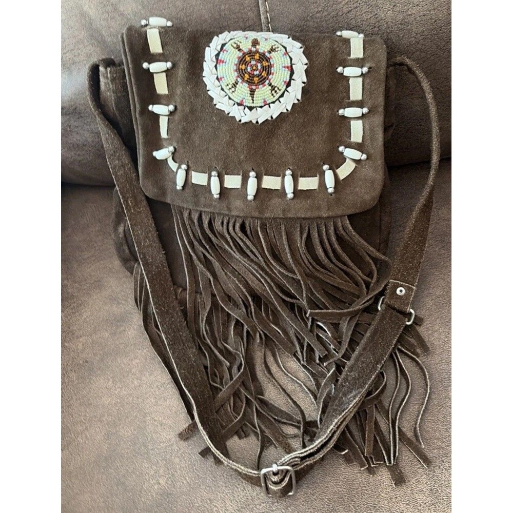 Genuine Soft Suede Leather Brown Western Hobo Beaded Shoulder bag fringed Purse